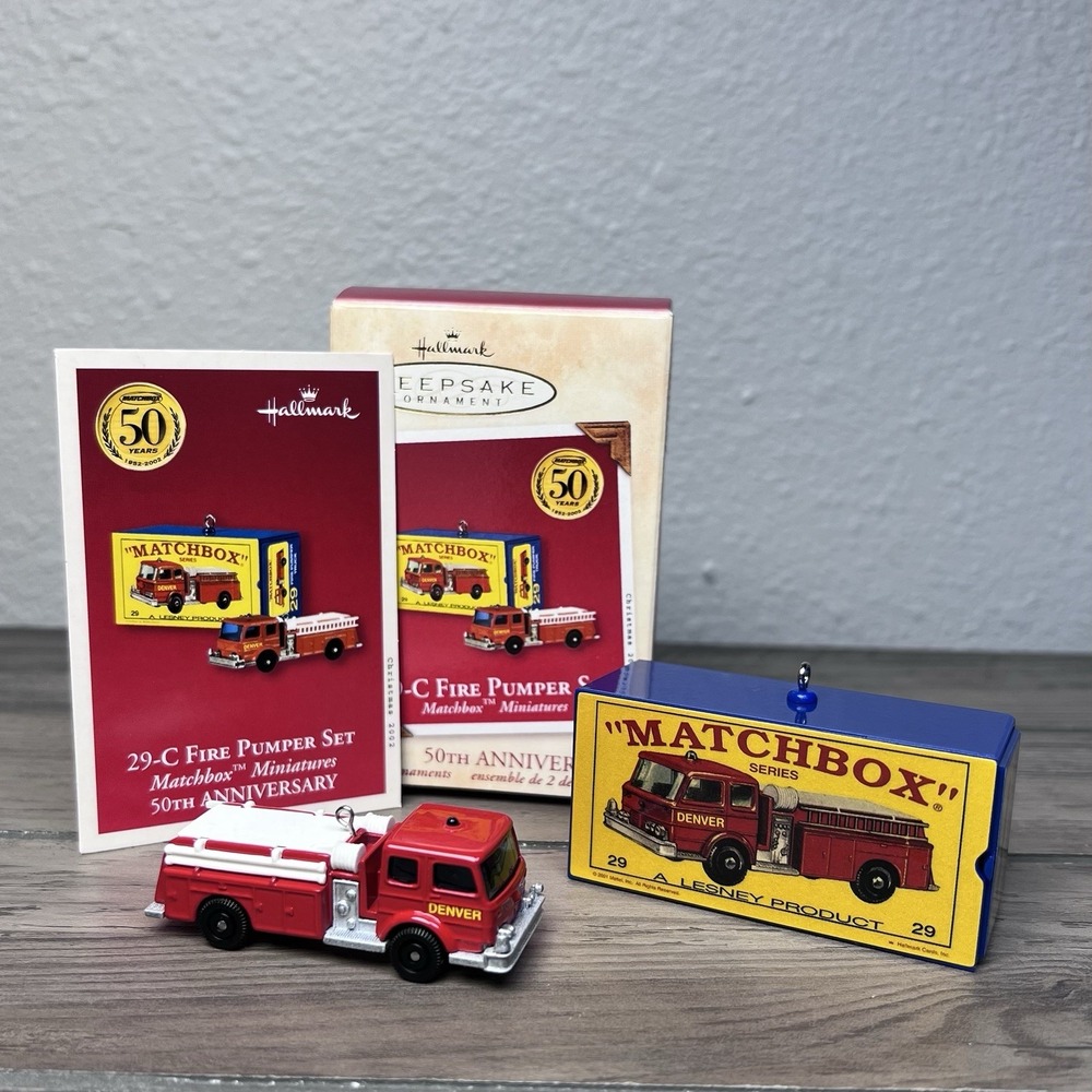 Hallmark 2002 NIB Matchbox 50th Anniversary Die Cast Fire Truck 2 Mini Ornaments